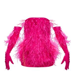 PREMIUM PINK FEATHER BANDEAU GLOVE DETAIL BODYCON DRESS